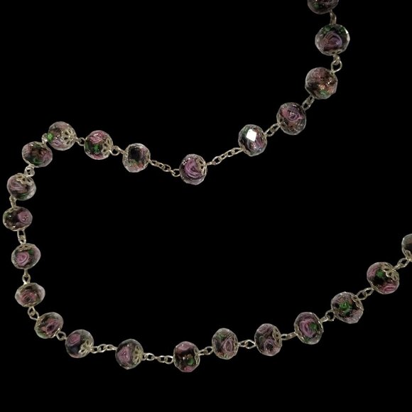Lampwork Rose Bead Necklace Pink Roses in Sparkly Faceted Glass Beads - Picture 12 of 16